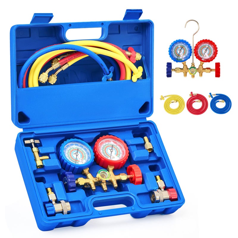 Orion Motor Tech AC Gauges  AC Manifold Gauge Set for R134a R12 R22 R502  3 Way Automotive AC Gauge Set with Antishock Gauges Hoses Couplers Adapter  Puncturing Can Tap Freon Recharge Kit - Image 1